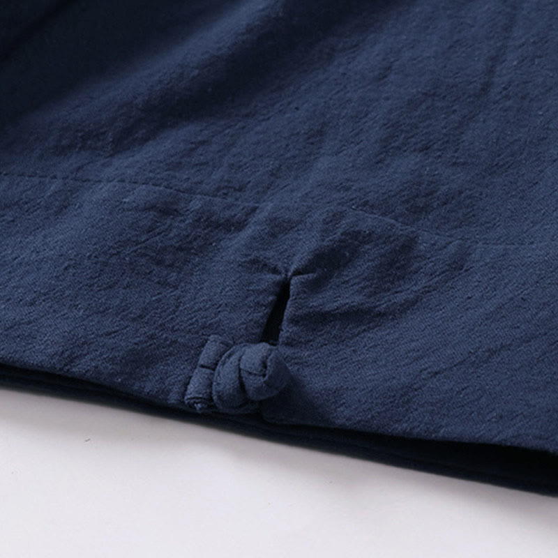 Buddha Stones Chemise d'été simple à col en V et manches courtes en coton et lin pour homme - image 5