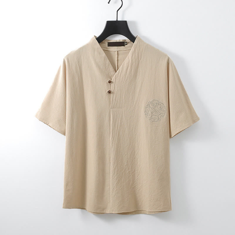 Buddha Stones Chemise d'été pour homme en coton et lin, col en V, manches courtes, boutons, broderie nuages - Bisque - US/UK/AU56，EU66 (9XL) - image 0