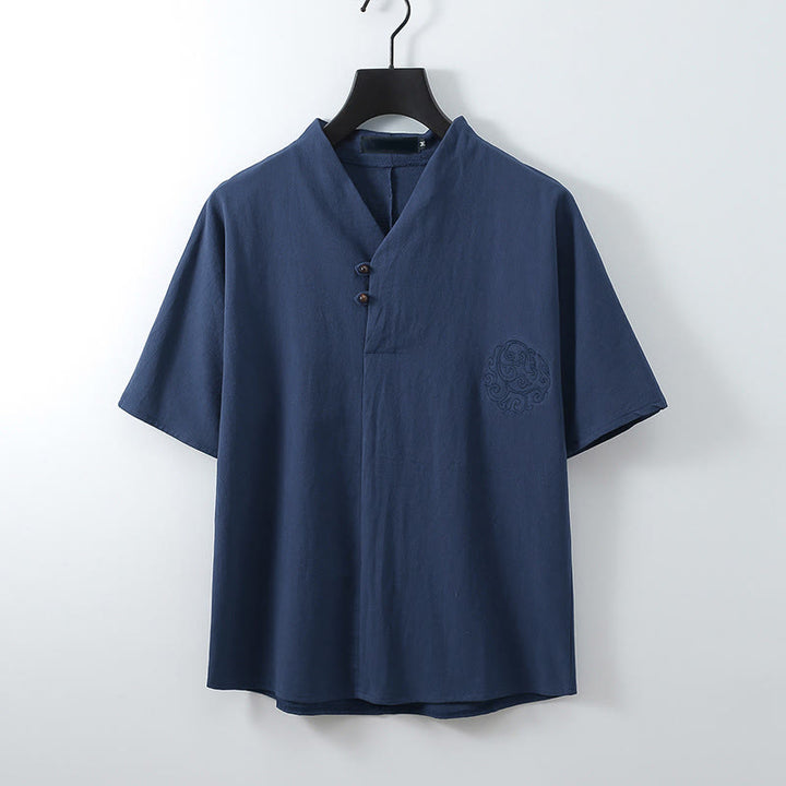 Buddha Stones Chemise d'été pour homme en coton et lin, col en V, manches courtes, boutons, broderie nuages - SteelBlue - US/UK/AU56，EU66 (9XL) - image 3