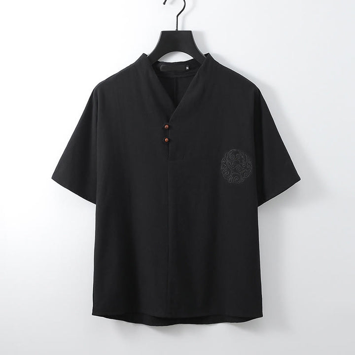 Buddha Stones Chemise d'été pour homme en coton et lin, col en V, manches courtes, boutons, broderie nuages - Noir - US/UK/AU56，EU66 (9XL) - image 2
