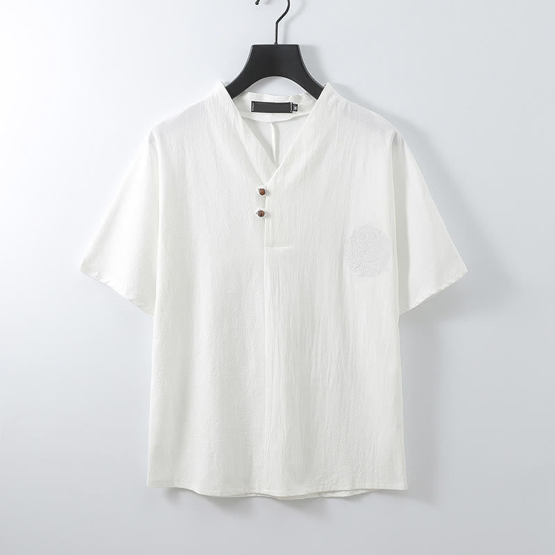 Buddha Stones Chemise d'été pour homme en coton et lin, col en V, manches courtes, boutons, broderie nuages - Blanc - US/UK/AU56，EU66 (9XL) - image 4