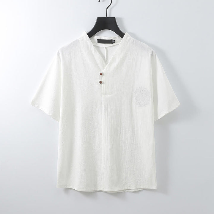 Buddha Stones Chemise d'été pour homme en coton et lin, col en V, manches courtes, boutons, broderie nuages - Blanc - US/UK/AU56，EU66 (9XL) - image 4