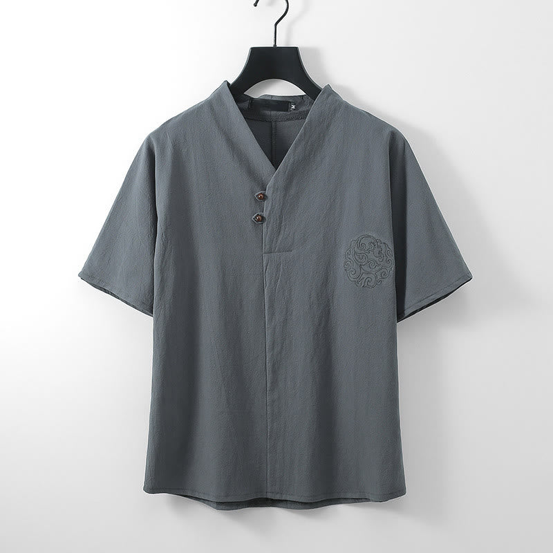 Buddha Stones Chemise d'été pour homme en coton et lin, col en V, manches courtes, boutons, broderie nuages - Gris - US/UK/AU56，EU66 (9XL) - image 1