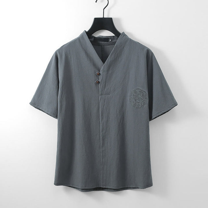Buddha Stones Chemise d'été pour homme en coton et lin, col en V, manches courtes, boutons, broderie nuages - Gris - US/UK/AU56，EU66 (9XL) - image 1