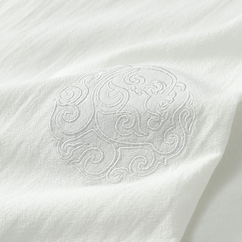 Buddha Stones Chemise d'été pour homme en coton et lin, col en V, manches courtes, boutons, broderie nuages - image 8