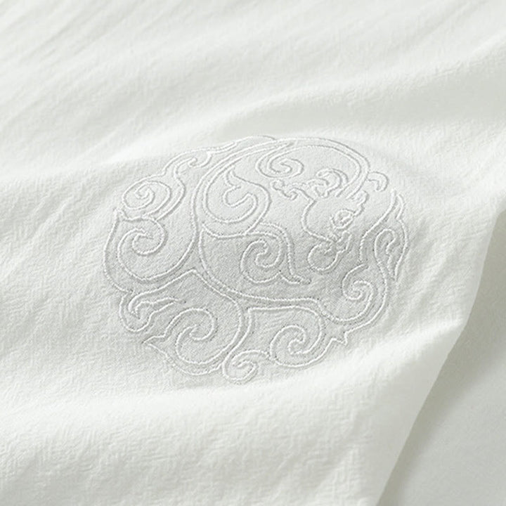 Buddha Stones Chemise d'été pour homme en coton et lin, col en V, manches courtes, boutons, broderie nuages - image 8