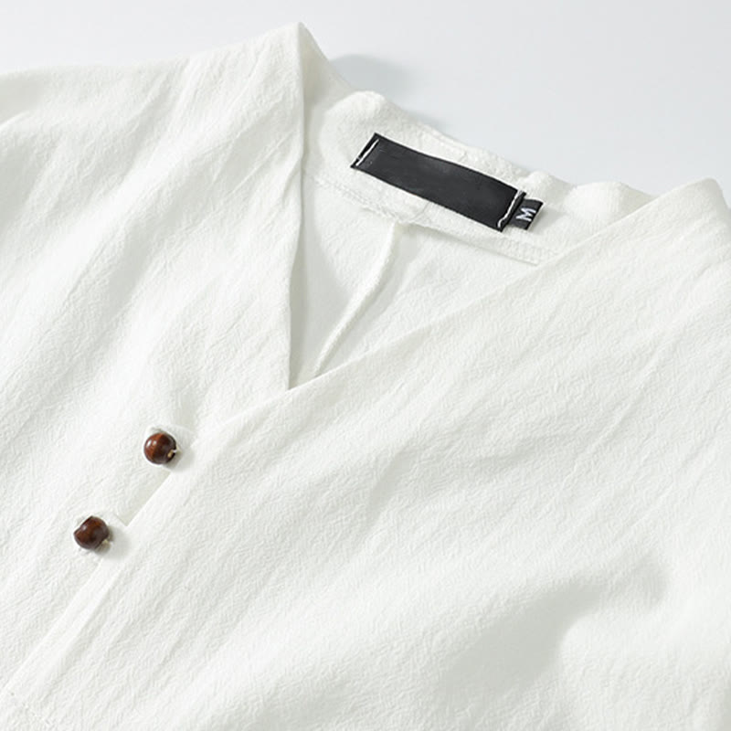 Buddha Stones Chemise d'été pour homme en coton et lin, col en V, manches courtes, boutons, broderie nuages - image 6