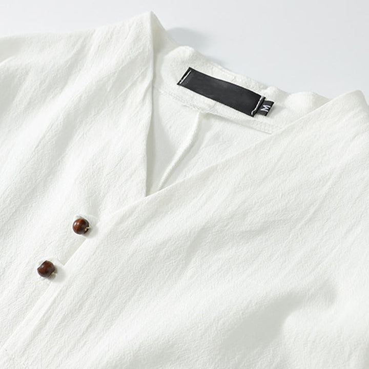 Buddha Stones Chemise d'été pour homme en coton et lin, col en V, manches courtes, boutons, broderie nuages - image 6