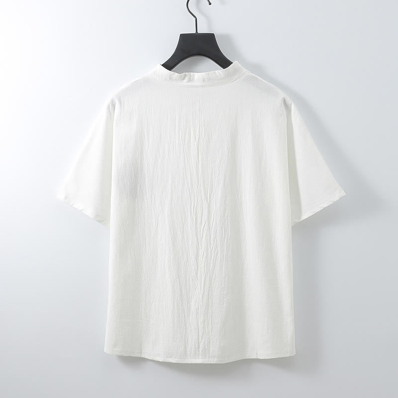 Buddha Stones Chemise d'été pour homme en coton et lin, col en V, manches courtes, boutons, broderie nuages - image 5