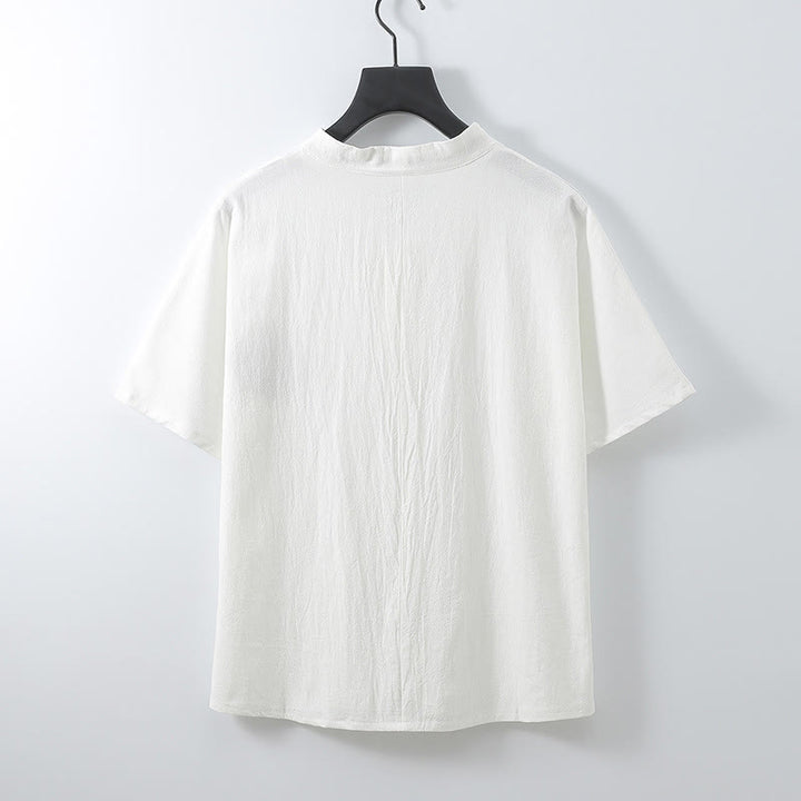 Buddha Stones Chemise d'été pour homme en coton et lin, col en V, manches courtes, boutons, broderie nuages - image 5
