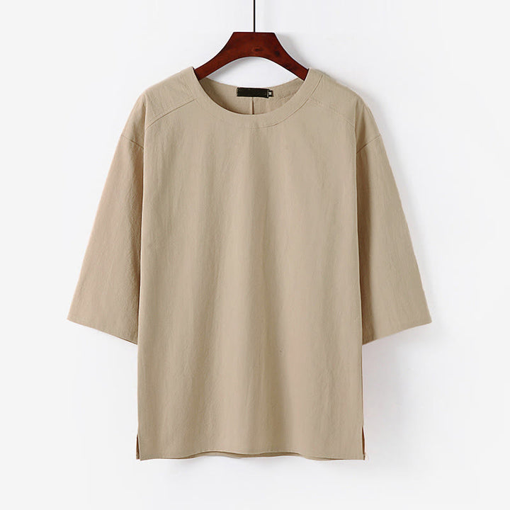 Buddha Stones T-shirt d'été décontracté à col rond et manches courtes pour homme, en coton et lin - Bisque - US/UK/AU54，EU64 (9XL) - image 0