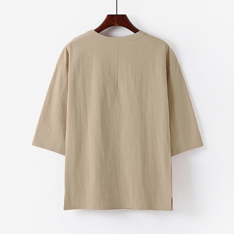 Buddha Stones T-shirt d'été décontracté à col rond et manches courtes pour homme, en coton et lin - image 1