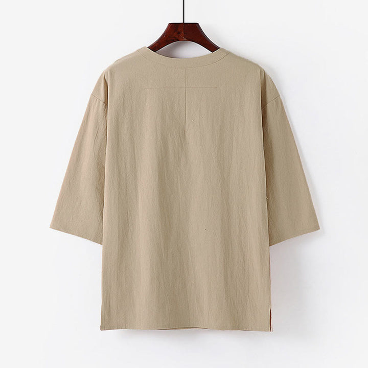 Buddha Stones T-shirt d'été décontracté à col rond et manches courtes pour homme, en coton et lin - image 1
