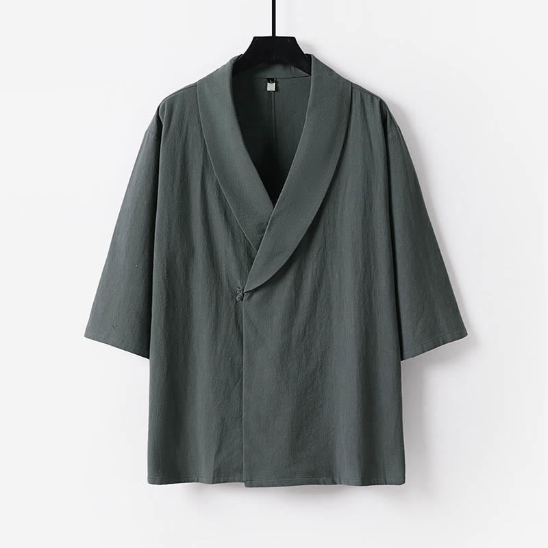 Buddha Stones Chemise d'été pour homme en coton et lin, col en V, manches courtes, col à revers, col en V. - Gris - US/UK/AU54，EU64 (9XL) - image 0