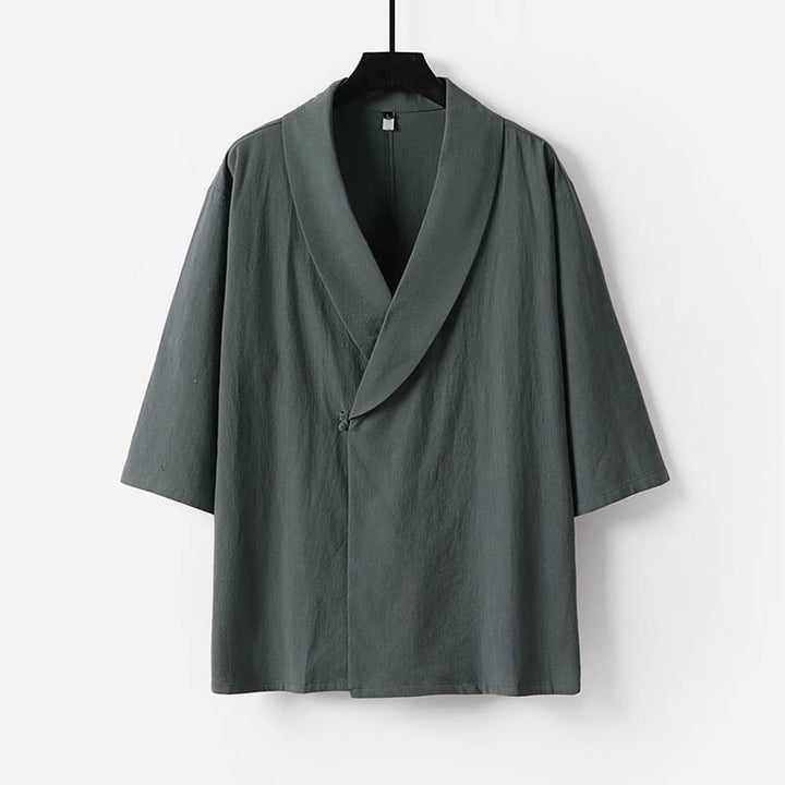 Buddha Stones Chemise d'été pour homme en coton et lin, col en V, manches courtes, col à revers, col en V. - Gris - US/UK/AU54，EU64 (9XL) - image 0