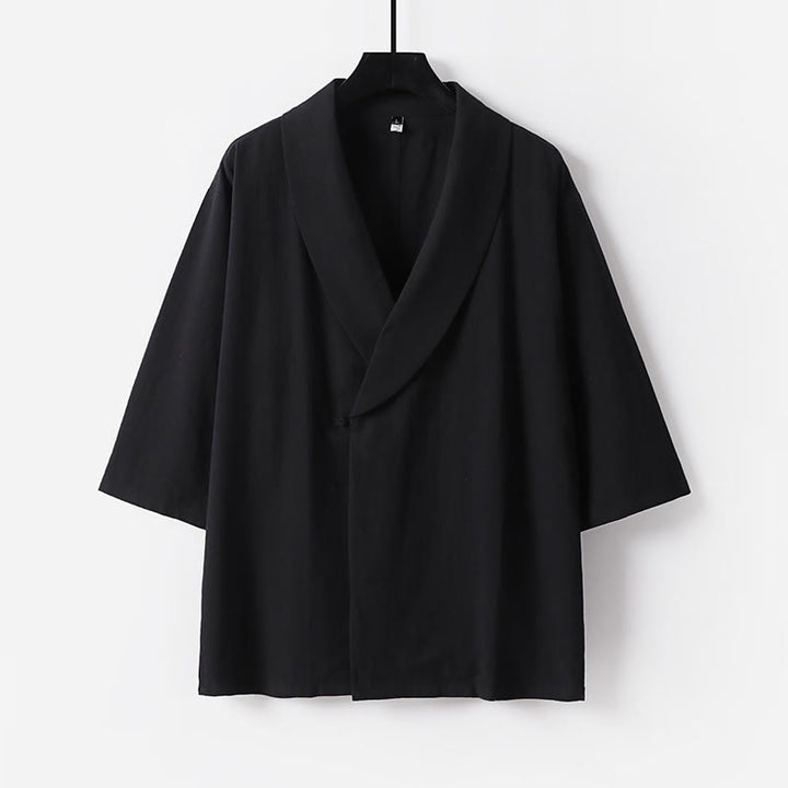 Buddha Stones Chemise d'été pour homme en coton et lin, col en V, manches courtes, col à revers, col en V. - Noir - US/UK/AU54，EU64 (9XL) - image 8