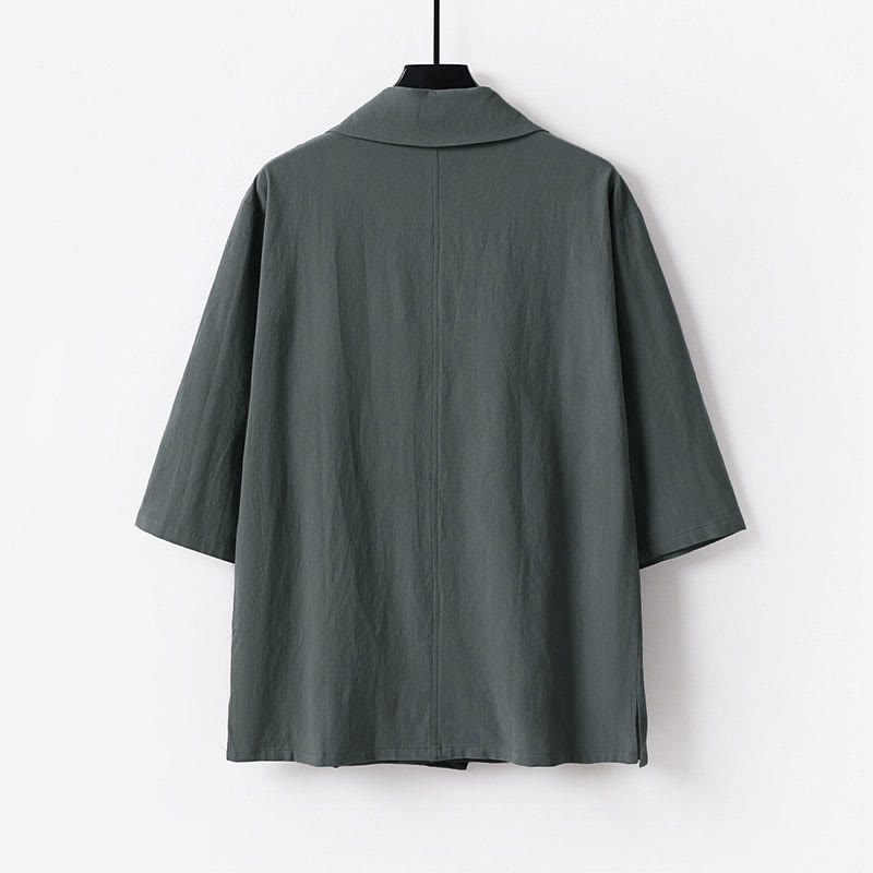 Buddha Stones Chemise d'été pour homme en coton et lin, col en V, manches courtes, col à revers, col en V. - image 1