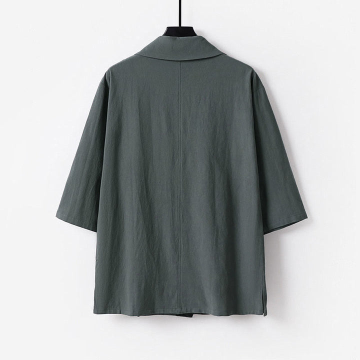 Buddha Stones Chemise d'été pour homme en coton et lin, col en V, manches courtes, col à revers, col en V. - image 1