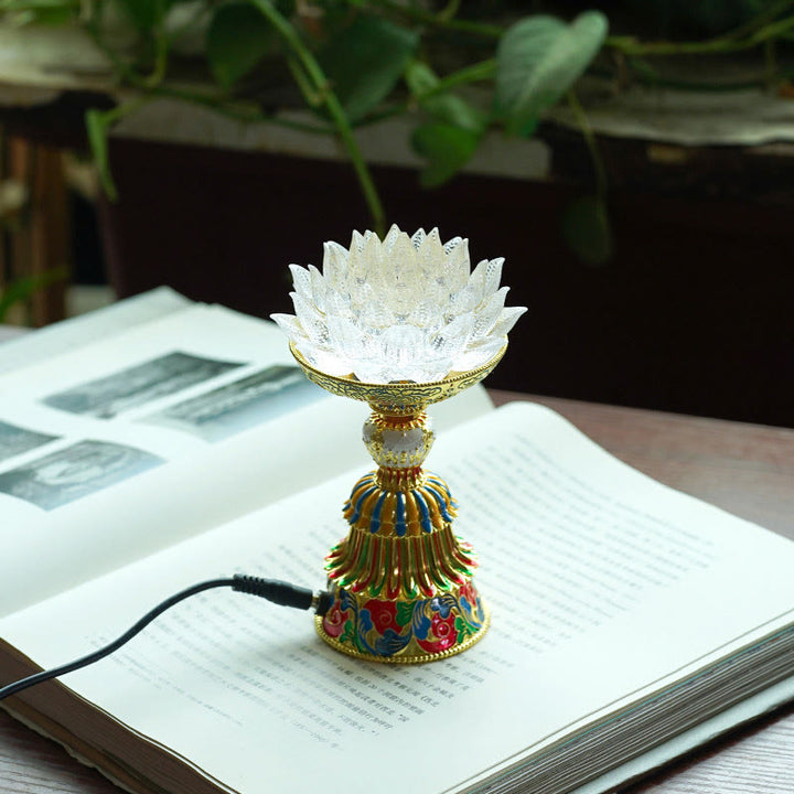 Buddha Stones Socle en verre Lotus Liuli, huit symboles auspicieux, décoration d'intérieur pour l'illumination - Lotus blanc (9*14-16*6,8 cm) - Module d'extension - image 9