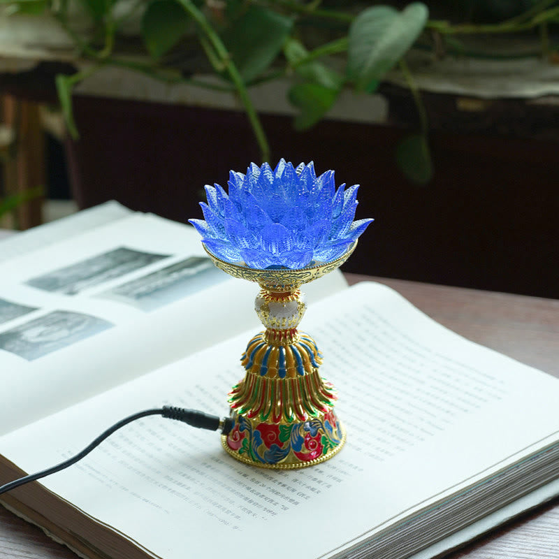 Buddha Stones Socle en verre Lotus Liuli, huit symboles auspicieux, décoration d'intérieur pour l'illumination - Lotus bleu (9*14-16*6,8 cm) - Module d'extension - image 10