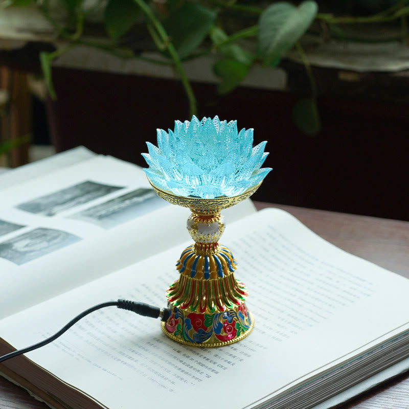 Buddha Stones Socle en verre Lotus Liuli, huit symboles auspicieux, décoration d'intérieur pour l'illumination - Lotus bleu clair (9*14-16*6,8 cm) - Module d'extension - image 11