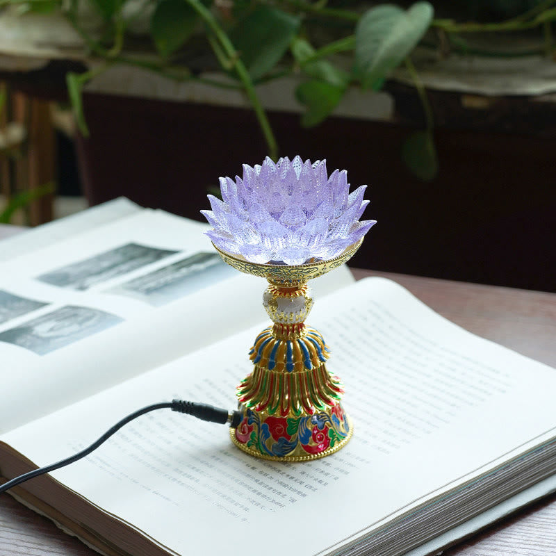 Buddha Stones Socle en verre Lotus Liuli, huit symboles auspicieux, décoration d'intérieur pour l'illumination - Lotus violet clair (9*14-16*6,8 cm) - Module d'extension - image 13