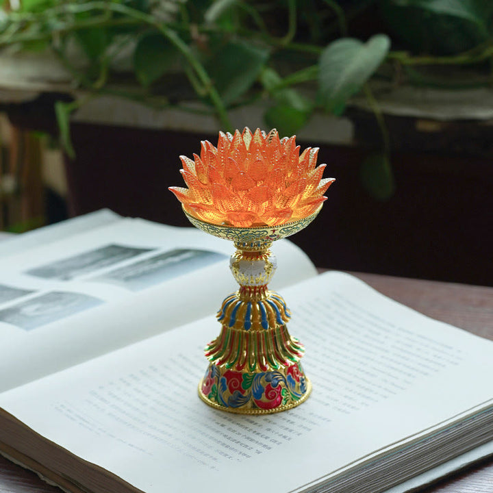 Buddha Stones Socle en verre Lotus Liuli, huit symboles auspicieux, décoration d'intérieur pour l'illumination - Lotus orange (9*14-16*6,8 cm) - Rechargeable - image 26