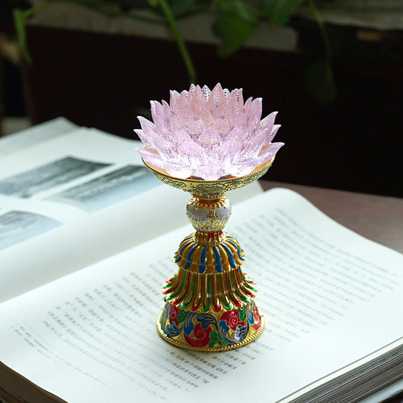 Buddha Stones Socle en verre Lotus Liuli, huit symboles auspicieux, décoration d'intérieur pour l'illumination - Lotus rose (9*14-16*6,8 cm) - Rechargeable - image 28