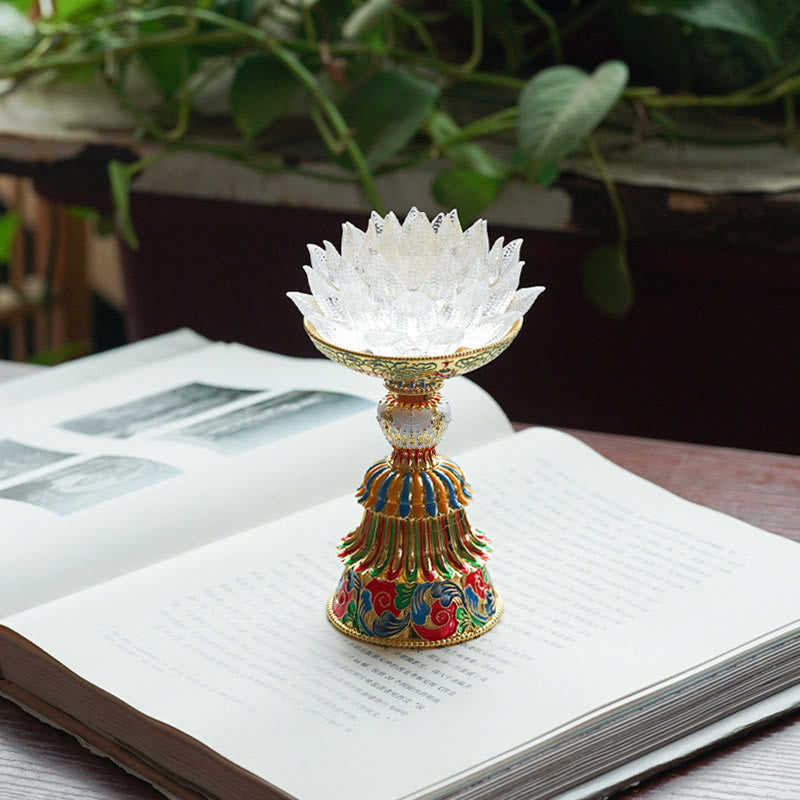 Buddha Stones Socle en verre Lotus Liuli, huit symboles auspicieux, décoration d'intérieur pour l'illumination - Lotus blanc (9*14-16*6,8 cm) - Rechargeable - image 29