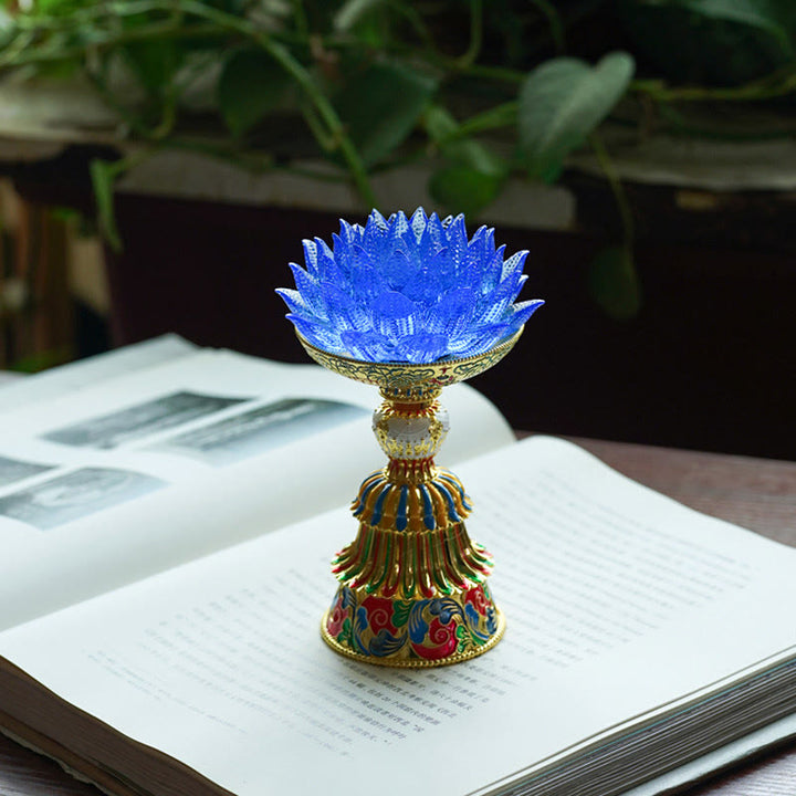 Buddha Stones Socle en verre Lotus Liuli, huit symboles auspicieux, décoration d'intérieur pour l'illumination - Lotus bleu (9*14-16*6,8 cm) - Rechargeable - image 30