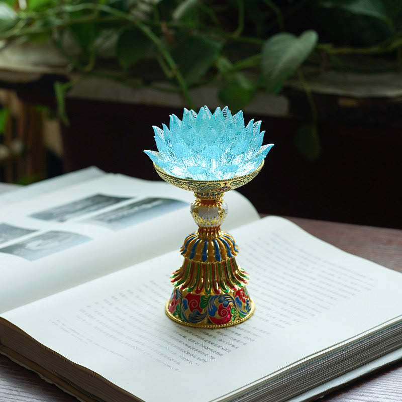 Buddha Stones Socle en verre Lotus Liuli, huit symboles auspicieux, décoration d'intérieur pour l'illumination - Lotus bleu clair (9*14-16*6,8 cm) - Rechargeable - image 33