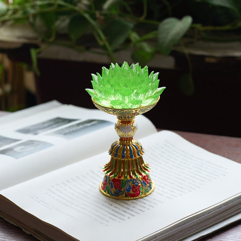 Buddha Stones Socle en verre Lotus Liuli, huit symboles auspicieux, décoration d'intérieur pour l'illumination - Lotus vert (9*14-16*6,8 cm) - Rechargeable - image 34