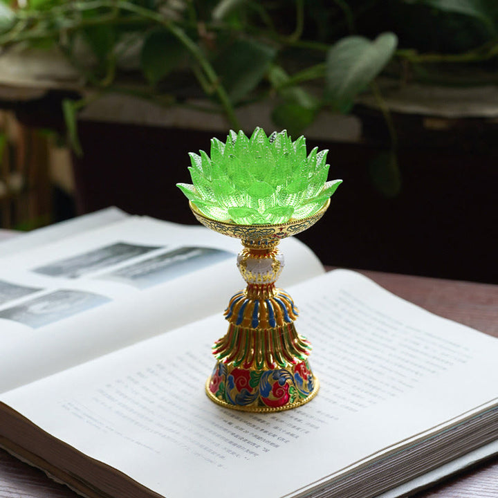 Buddha Stones Socle en verre Lotus Liuli, huit symboles auspicieux, décoration d'intérieur pour l'illumination - Lotus vert (9*14-16*6,8 cm) - Rechargeable - image 34