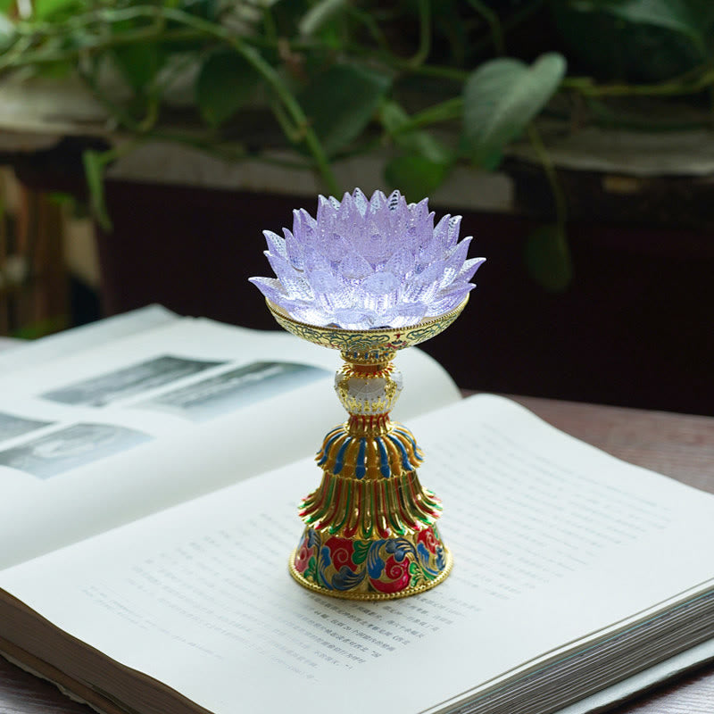 Buddha Stones Socle en verre Lotus Liuli, huit symboles auspicieux, décoration d'intérieur pour l'illumination - Lotus violet clair (9*14-16*6,8 cm) - Rechargeable - image 36