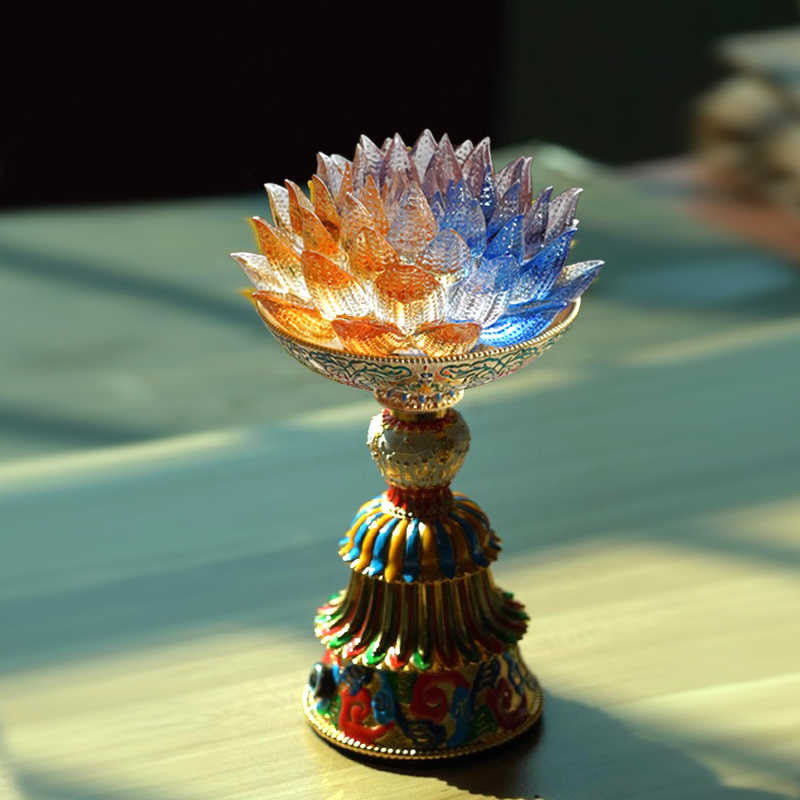 Buddha Stones Socle en verre Lotus Liuli, huit symboles auspicieux, décoration d'intérieur pour l'illumination - Lotus multicolore (9*14-16*6,8 cm) - Rechargeable - image 0