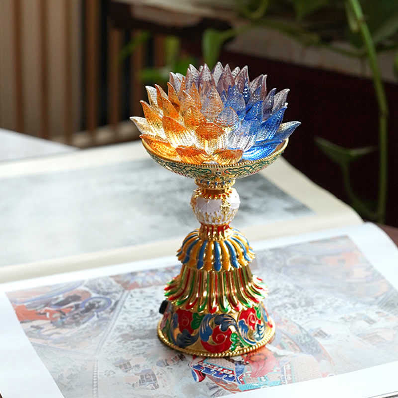 Buddha Stones Socle en verre Lotus Liuli, huit symboles auspicieux, décoration d'intérieur pour l'illumination - image 15