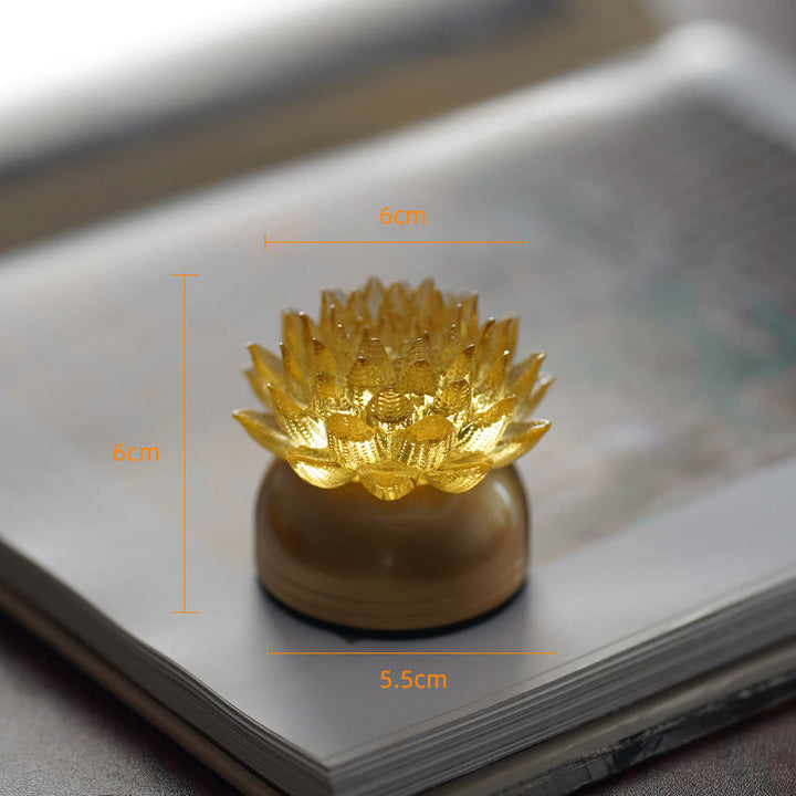 Buddha Stones Décoration intérieure Lotus Liuli en verre, cuivre et laiton, symbole de nouveau départ - Socle en laiton cuivré Lotus doré (6*6*5,5 cm) - Rechargeable - image 11