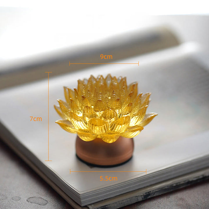 Buddha Stones Décoration intérieure Lotus Liuli en verre, cuivre et laiton, symbole de nouveau départ - Socle en alliage d'aluminium Lotus doré (9*7*5,5 cm) - Rechargeable - image 16