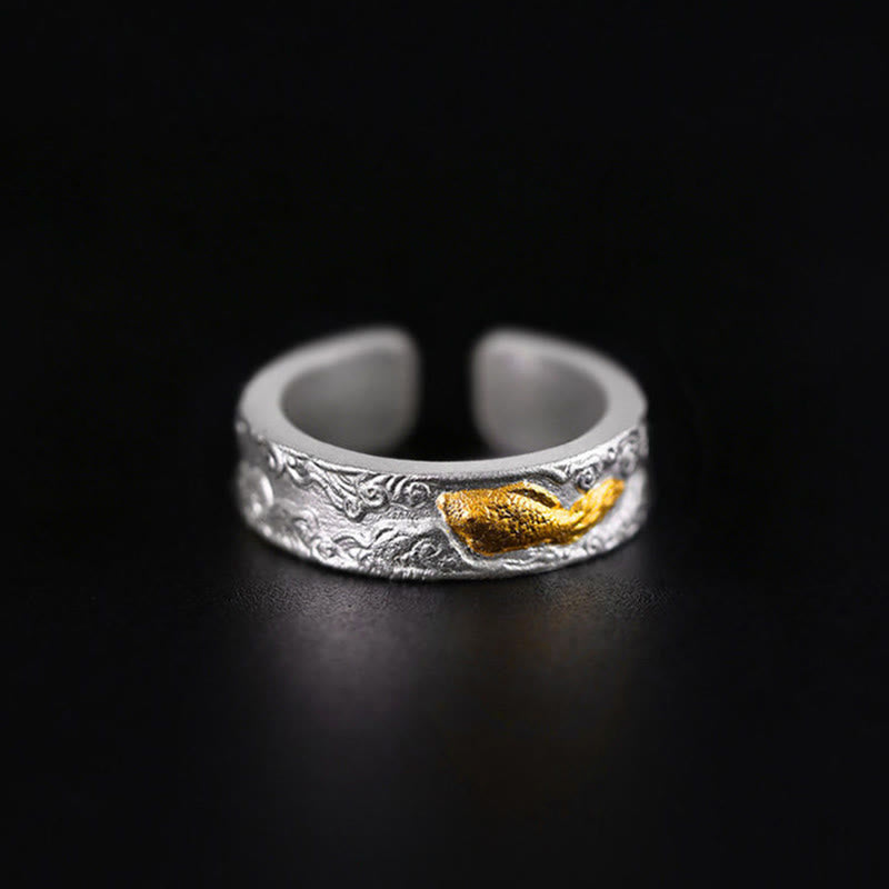 Buddha Stones Bague porte-bonheur en argent sterling 999 et or 999, ornée de carpes koï et de nuages ​​de bon augure. - image 2
