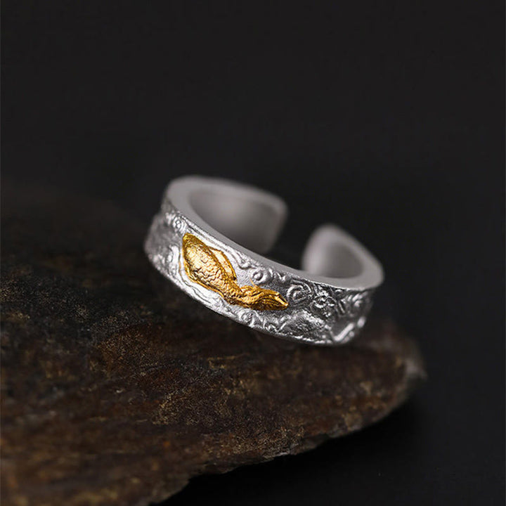 Buddha Stones Bague porte-bonheur en argent sterling 999 et or 999, ornée de carpes koï et de nuages ​​de bon augure. - image 3