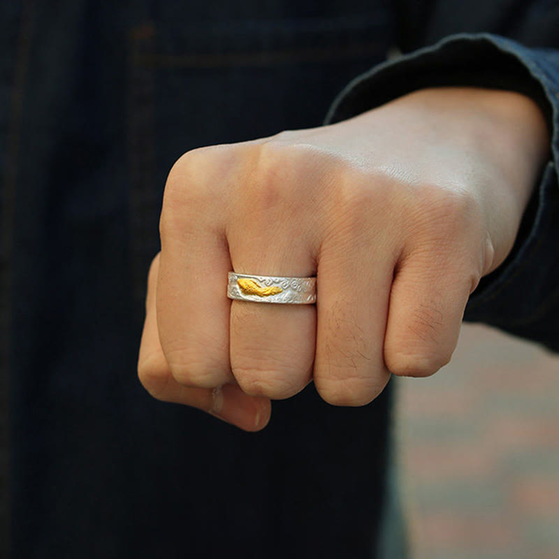 Buddha Stones Bague porte-bonheur en argent sterling 999 et or 999, ornée de carpes koï et de nuages ​​de bon augure. - image 4