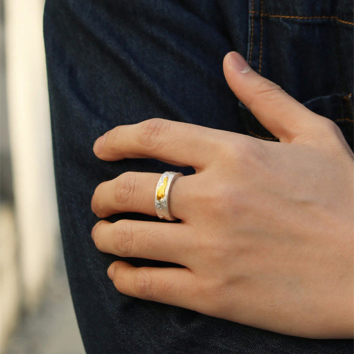 Buddha Stones Bague porte-bonheur en argent sterling 999 et or 999, ornée de carpes koï et de nuages ​​de bon augure. - image 5