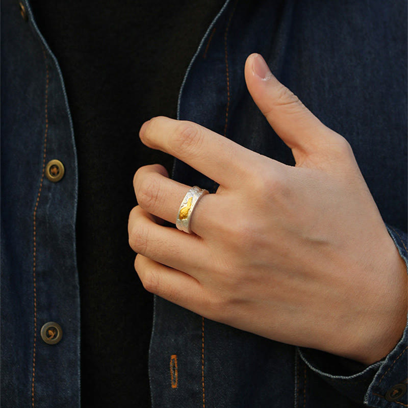 Buddha Stones Bague porte-bonheur en argent sterling 999 et or 999, ornée de carpes koï et de nuages ​​de bon augure. - image 6