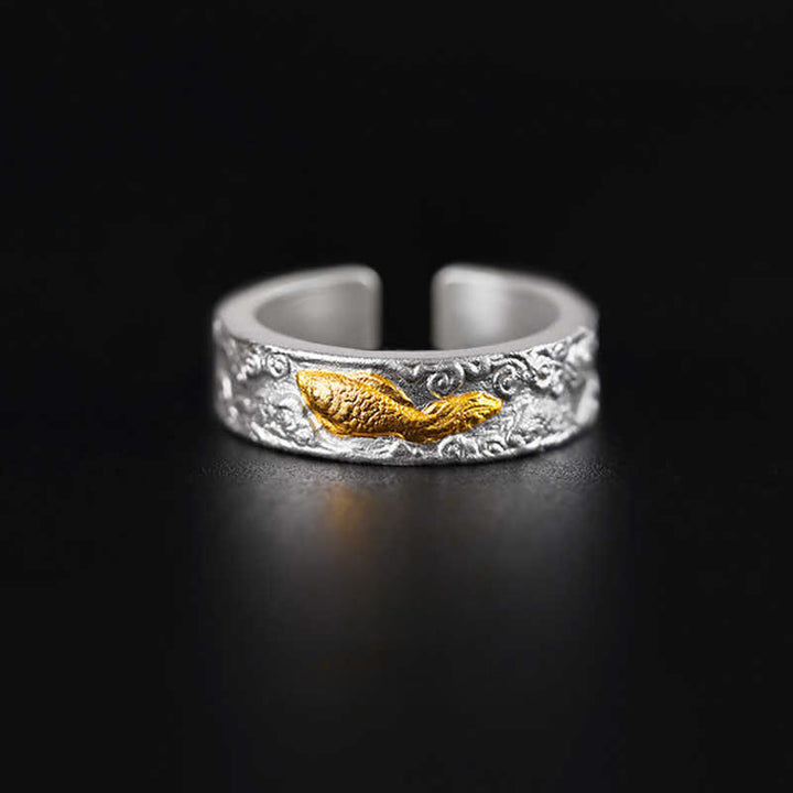 Buddha Stones Bague porte-bonheur en argent sterling 999 et or 999, ornée de carpes koï et de nuages ​​de bon augure. - 17,6-20,1 mm (US7-US10) - image 0