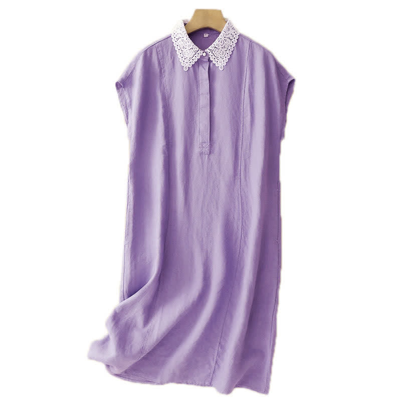 Buddha Stones Robe midi d'été sans manches en coton à revers en dentelle ajourée et poches - image 12