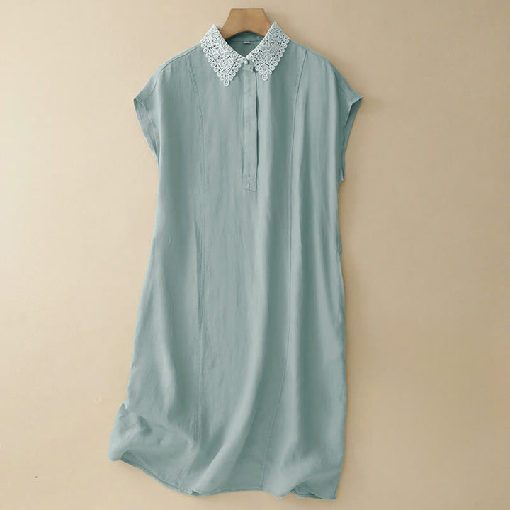 Buddha Stones Robe midi d'été sans manches en coton à revers en dentelle ajourée et poches - Turquoise moyen - US14，UK/AU18，EU46 (2XL) - image 13