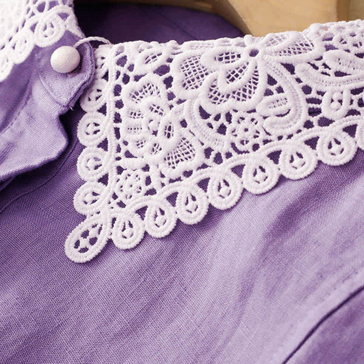 Buddha Stones Robe midi d'été sans manches en coton à revers en dentelle ajourée et poches - image 6