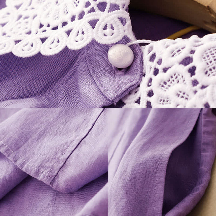 Buddha Stones Robe midi d'été sans manches en coton à revers en dentelle ajourée et poches - image 11