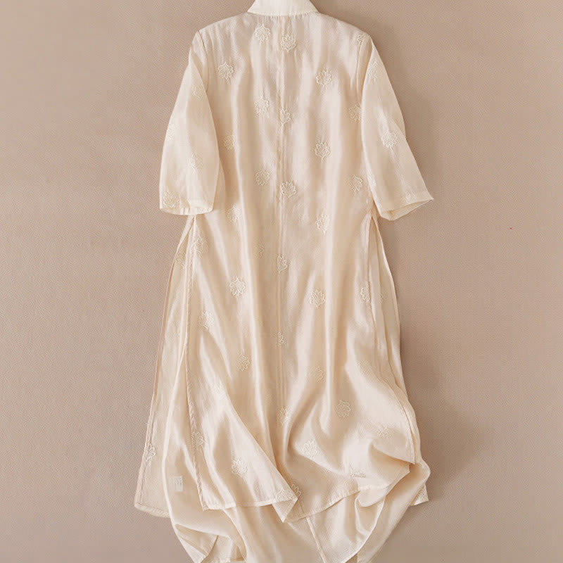 Buddha Stones Robe maxi à broderie florale, col montant à boutons brandebourg et fente latérale, manches mi-longues - image 3