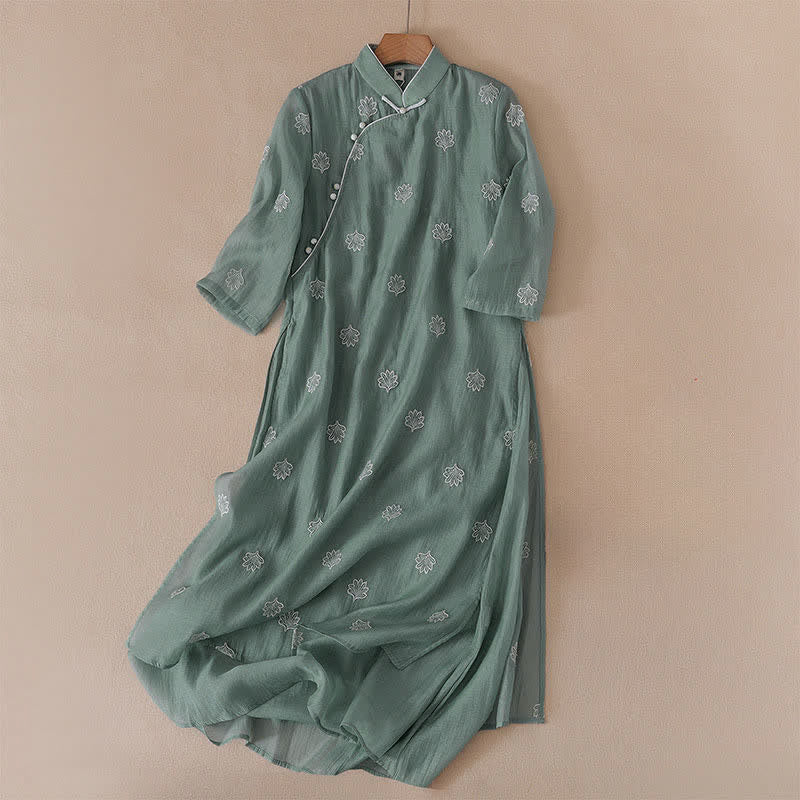 Buddha Stones Robe maxi à broderie florale, col montant à boutons brandebourg et fente latérale, manches mi-longues - Vert d'eau - US8-10，UK/AU12-14，EU40-42 (2XL) - image 0